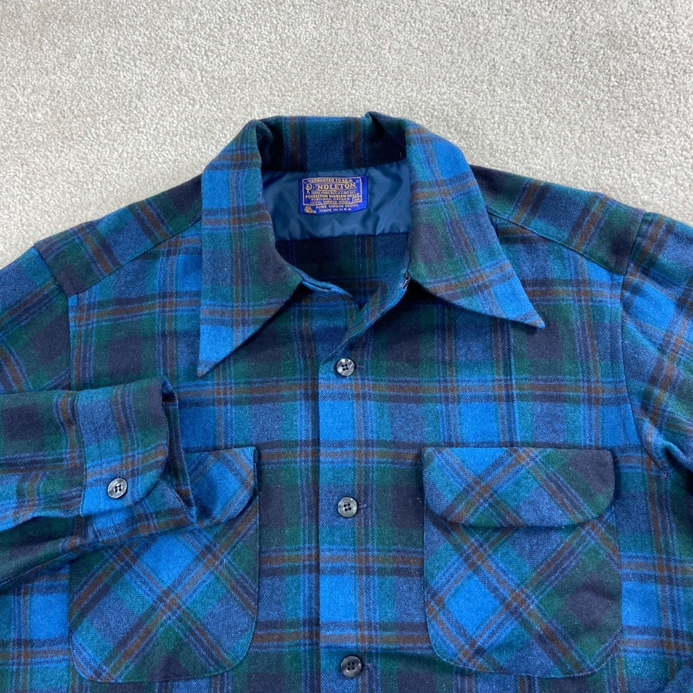 Vintage 70s Pendleton Board Shirt Men M Blue Green Plaid Wool USA Made